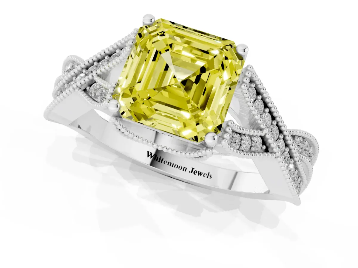 Fancy Yellow Asscher Cut Cut Diamond Twisted Band with Milgrain Pave Setting and Four-Prong Setting Silver