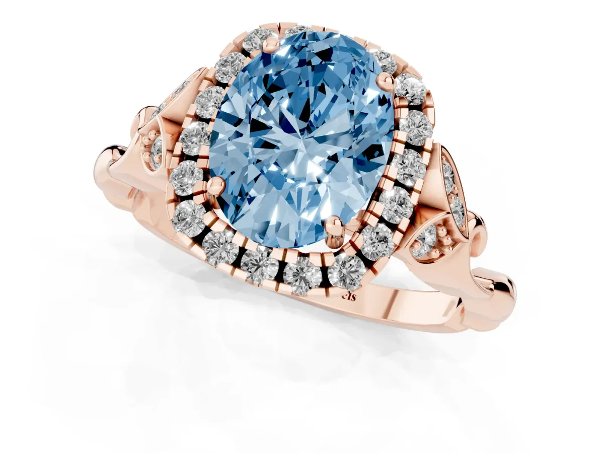 Fancy Blue Oval Cut Halo Diamond Engagement Ring with Vintage-Inspired Band and Four-Prong Setting Rose gold