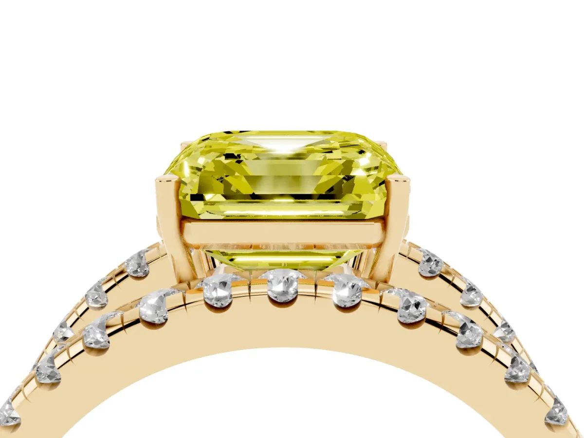 Fancy Yellow Asscher Cut Solitaire Split Shank Pave Diamond Ring Yellow gold