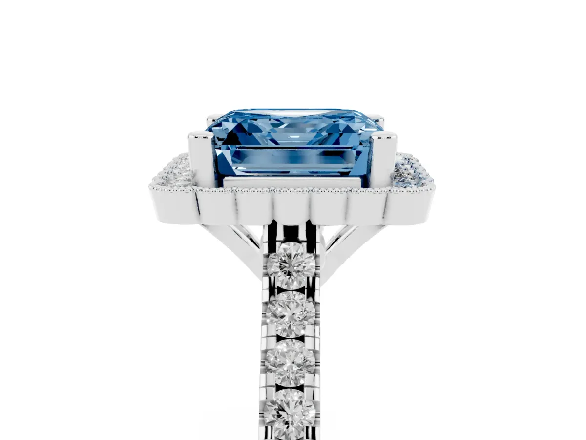 Fancy Blue Asscher Cut Cut Diamond Milgrain Floral Halo Engagement Ring with Pavé Band White gold
