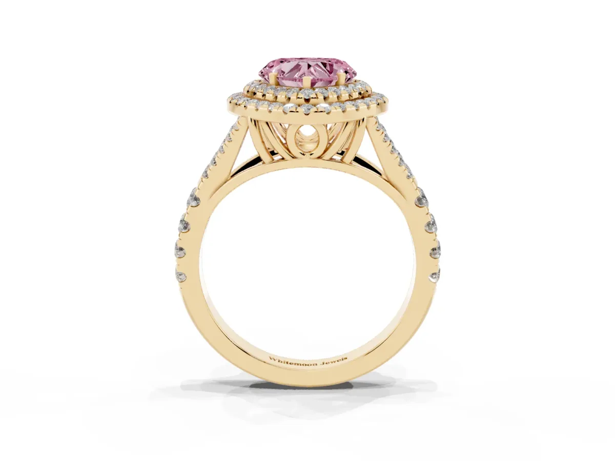 Fancy Pink Double Halo Heart Cut Diamond Split Shank Engagement Ring with Four-Prong Setting Yellow gold