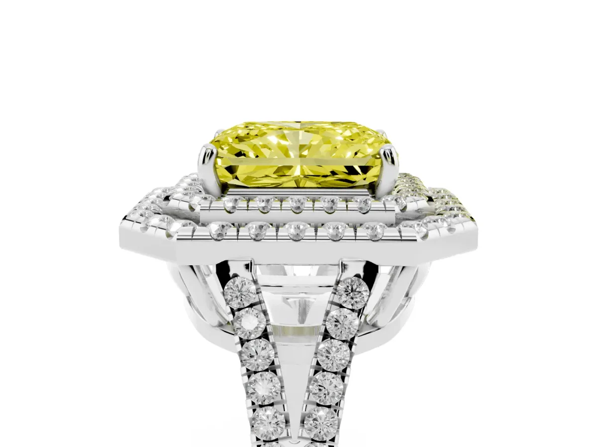 Fancy Yellow Radiant Cut Diamond Double Halo Ring with Pavé Band and Prong Setting Platinum