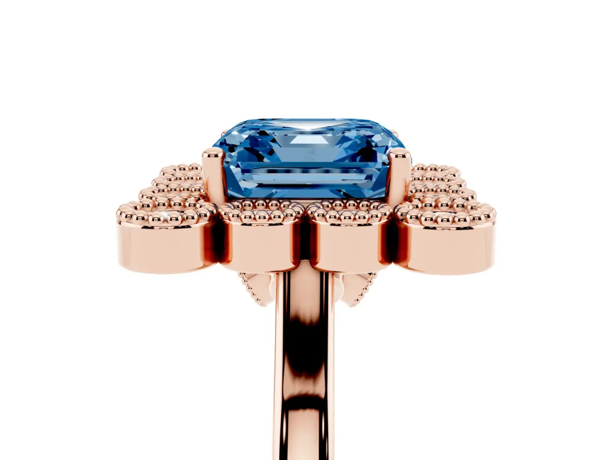 Fancy Blue Asscher Cut Halo Diamond Cluster Engagement Ring with Milgrain Bezel Setting and Solitaire Band Rose gold