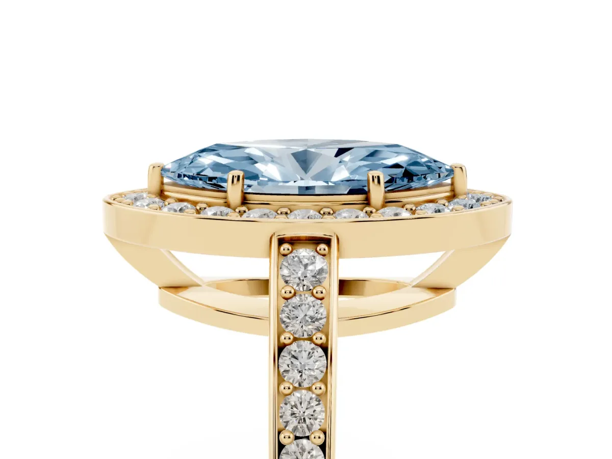 Fancy Blue Marquise Cut Halo Pavé Diamond Engagement Ring with Bezel Setting Yellow gold