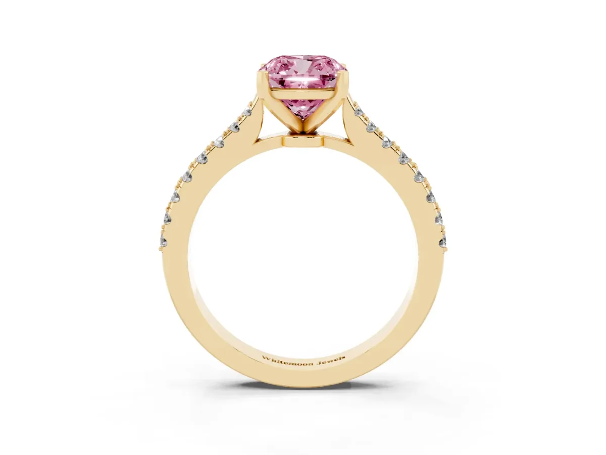 Fancy Pink Cushion Cut Cut Solitaire Diamond Engagement Ring with Pave Band and Four-Prong Setting Yellow gold