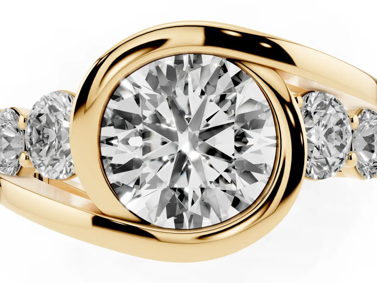 Bezel Set Round Cut Diamond Bypass Ring with Round Accents Yellow gold