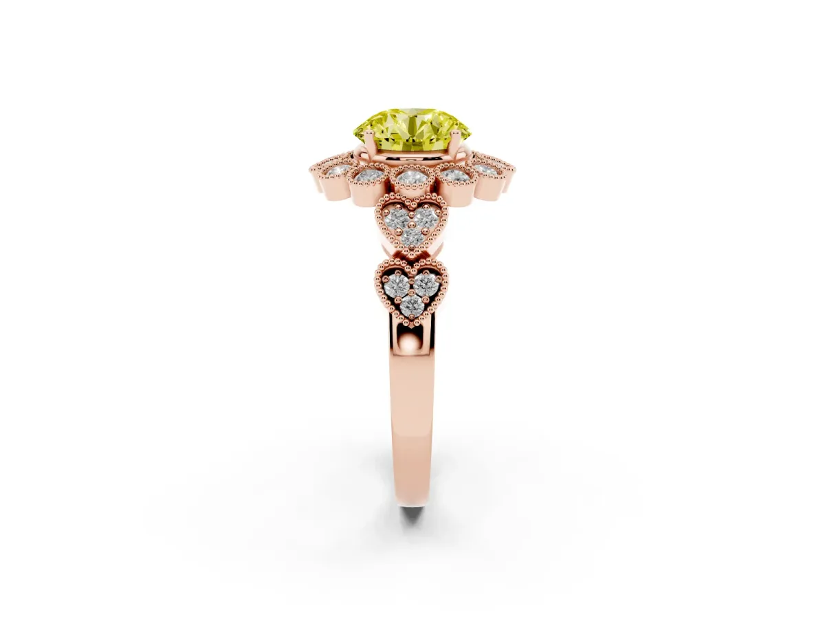 Fancy Yellow Round Cut Brilliant Milgrain Pave Heart Band Solitaire Ring Rose gold