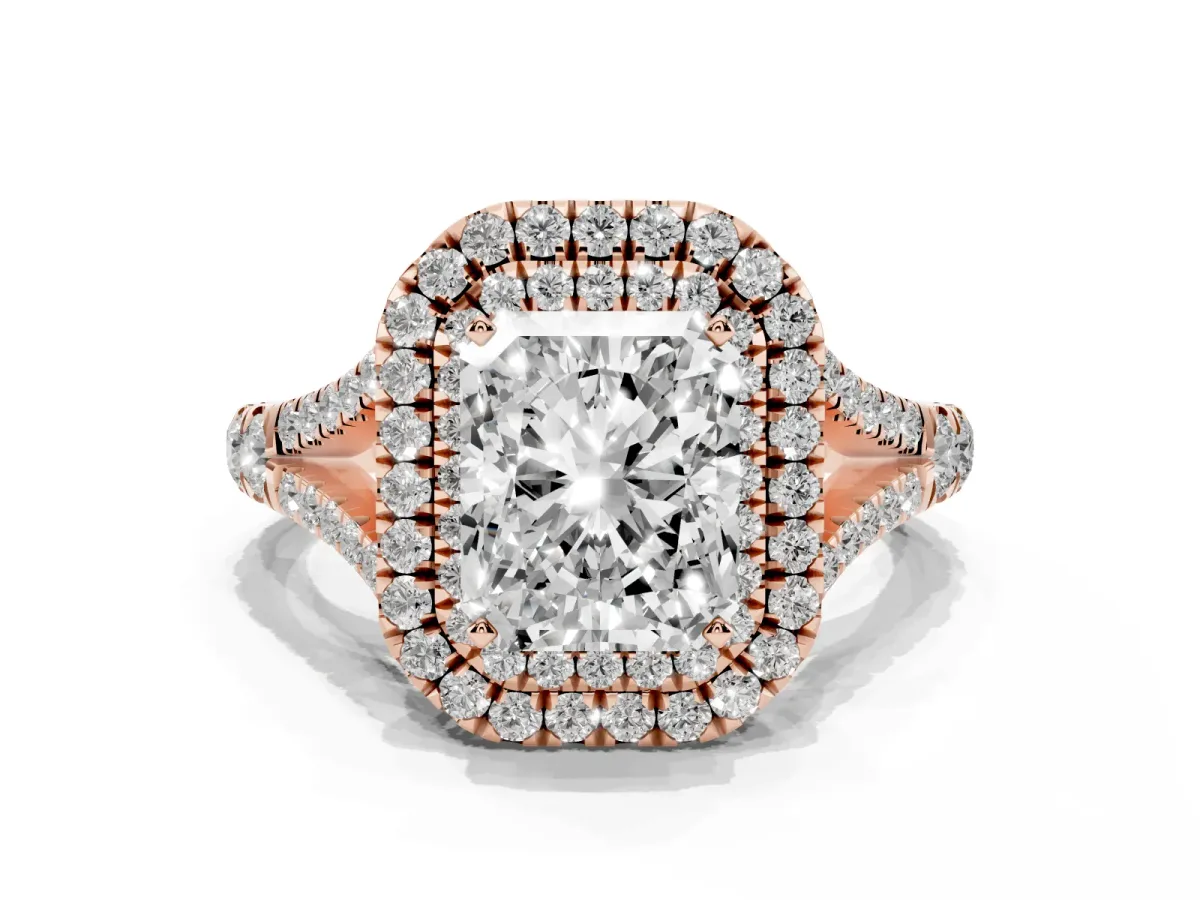 Double Halo Radiant Cut Diamond Split Shank Engagement Ring with Four-Prong Setting Rose gold