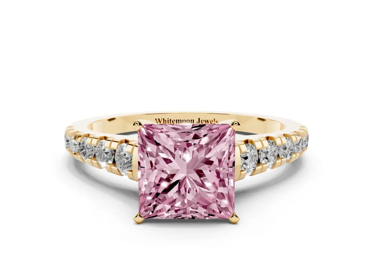 Fancy Pink Princess Cut Diamond Cathedral Solitaire Ring with Round Pavé Band Yellow gold
