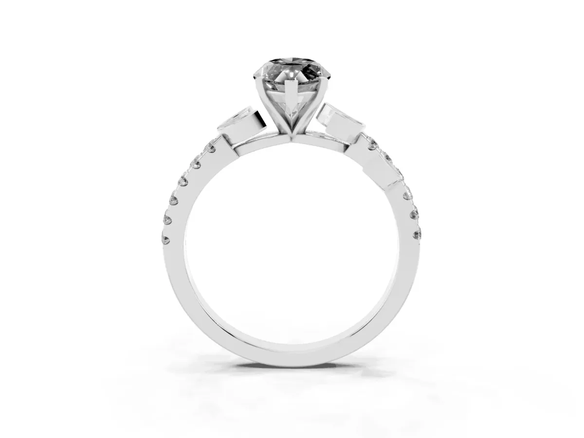 Fancy Black Marquise Cut Solitaire Leaf-Inspired Diamond Ring with Pavé Band and Four-Prong Setting Silver