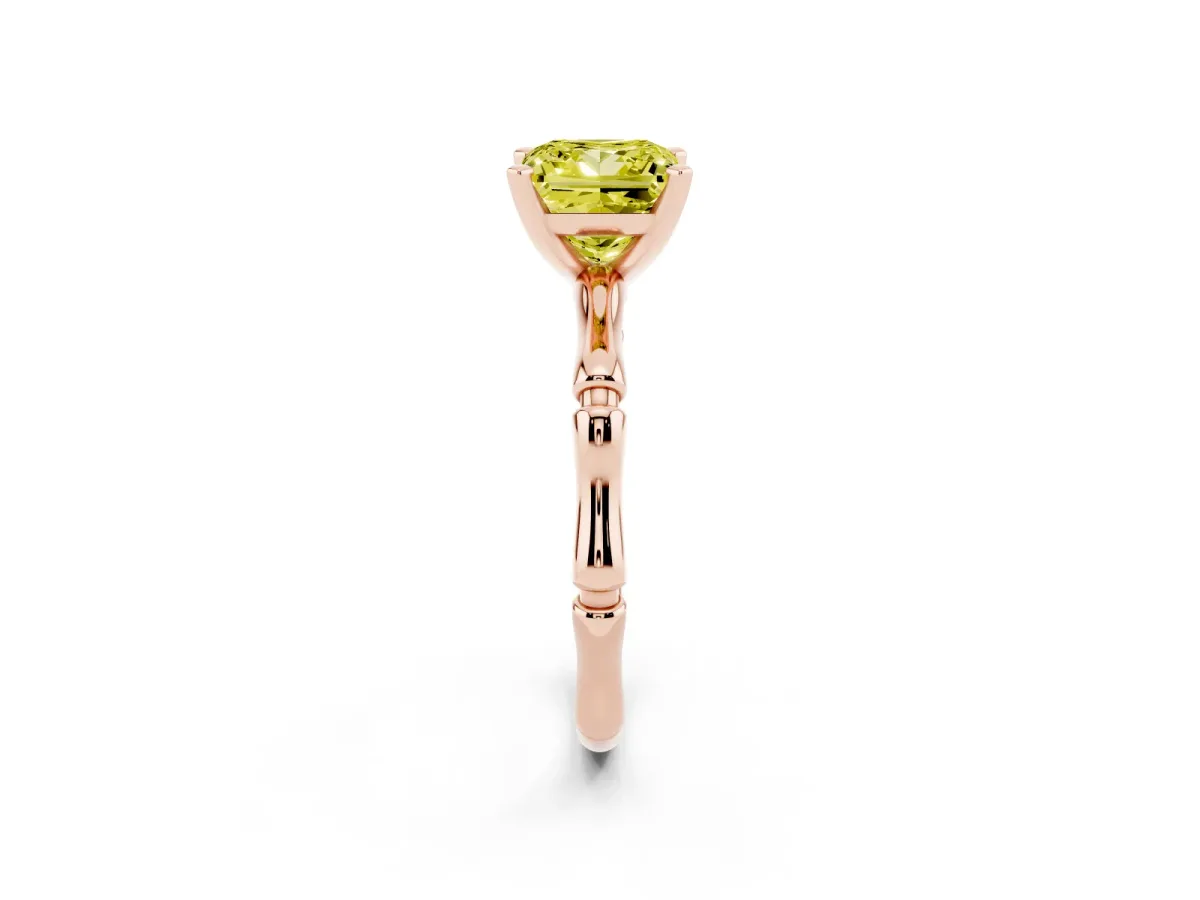 Fancy Yellow Princess Cut Solitaire Diamond Ring with Bamboo Band and Four-Prong Setting Rose gold