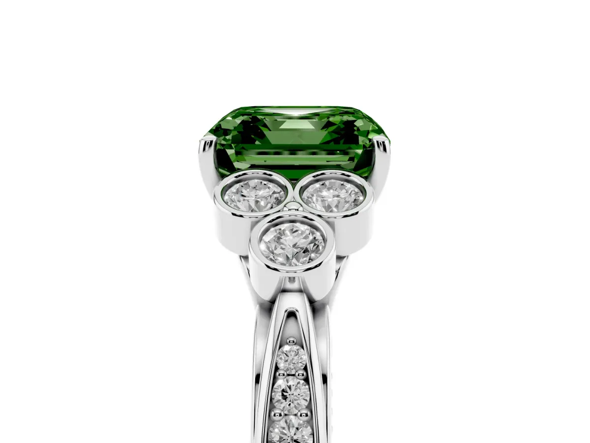 Fancy Green Asscher Cut Cut Diamond Engagement Ring with Bezel Set Round Side Stones and Prong Setting White gold