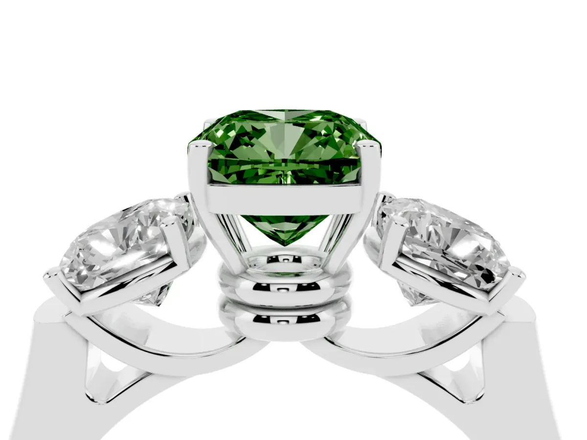 Fancy Green Three-Stone Cushion Cut Brilliant Diamond Trellis Ring with Comfort Fit Band White gold