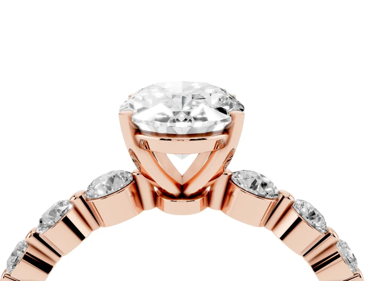 Oval Cut Solitaire Diamond Ring with Pave Band and Four-Prong Setting Rose gold
