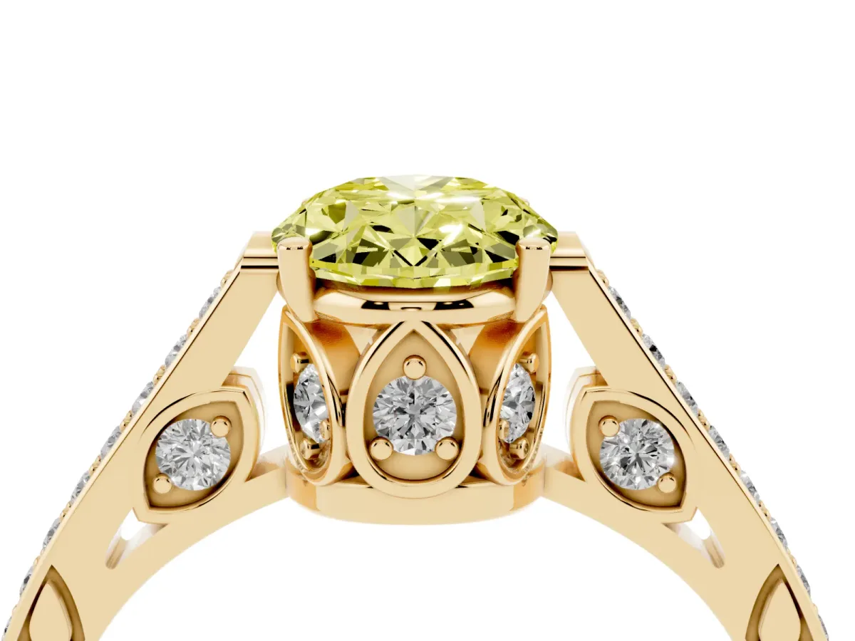 Fancy Yellow Oval Cut Cut Cathedral Pave Diamond Engagement Ring with Six-Prong Setting Yellow gold