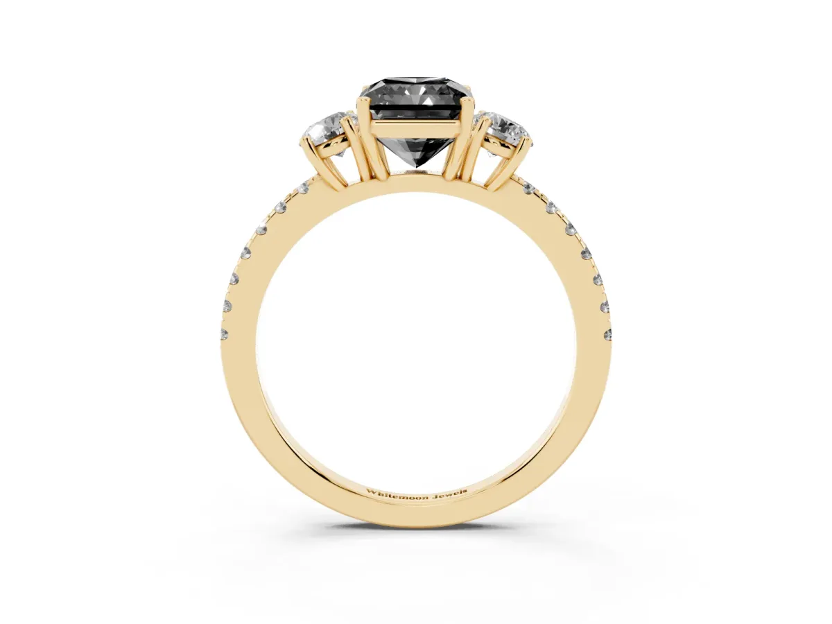 Fancy Black Three-Stone Radiant Cut Cut Diamond Pavé Band with Prong Setting Yellow gold
