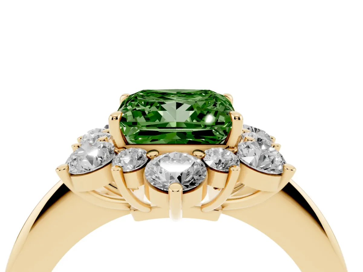 Fancy Green Princess Cut Diamond Cluster Halo Ring with Solitaire Band and Four-Prong Setting Yellow gold