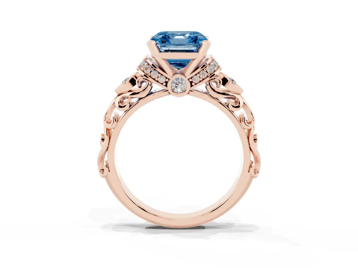 Fancy Blue Asscher Cut Diamond Solitaire Ring with Filigree Band and Four-Prong Setting Rose gold