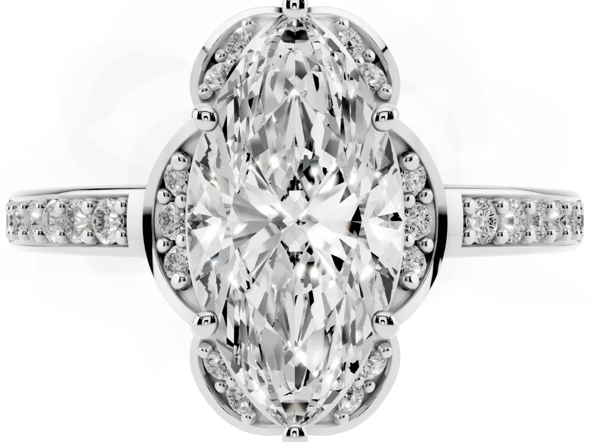Marquise Cut Cut Halo Diamond Ring with Channel Set Band and Four-Prong Setting Platinum