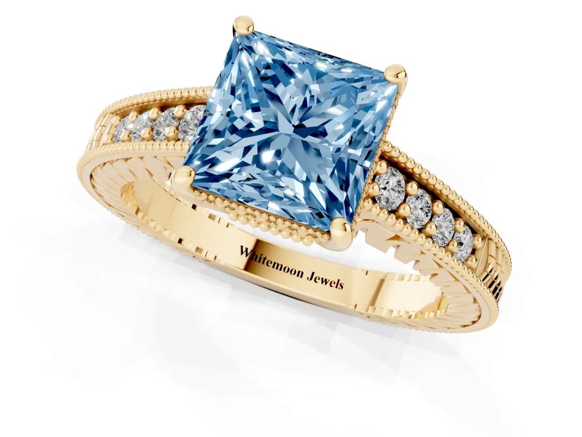 Fancy Blue Princess Cut Solitaire Pavé Diamond Milgrain Engagement Ring with Four-Prong Setting Yellow gold