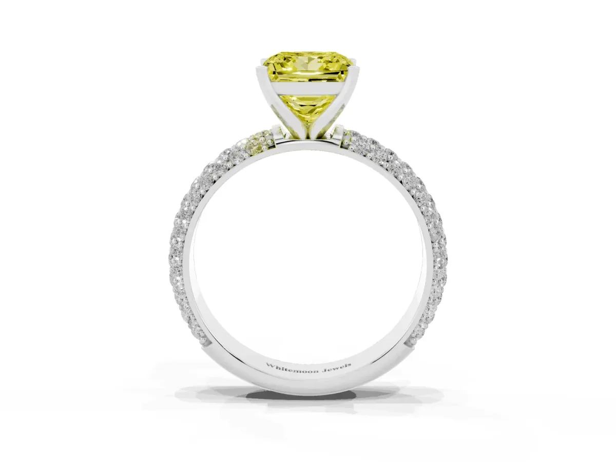 Fancy Yellow Princess Cut Diamond Solitaire Ring with Prong Setting and Pavé Band Silver