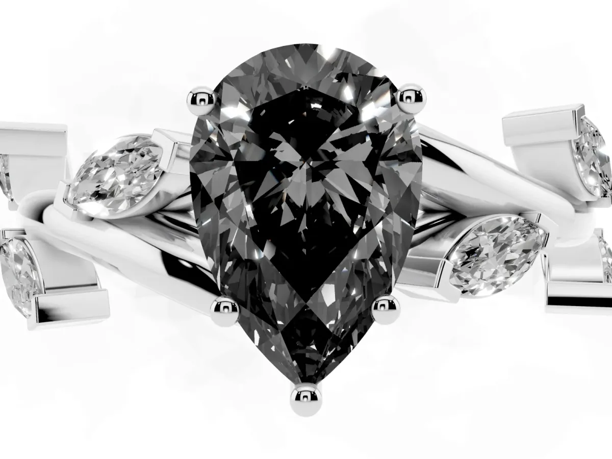 Fancy Black Pear Cut Solitaire Twisted Band Marquise Accent Prong Setting Ring Silver