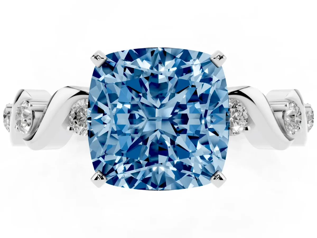 Fancy Blue Cushion Cut Diamond Solitaire Twisted Band with Round Accents and Prong Setting Silver