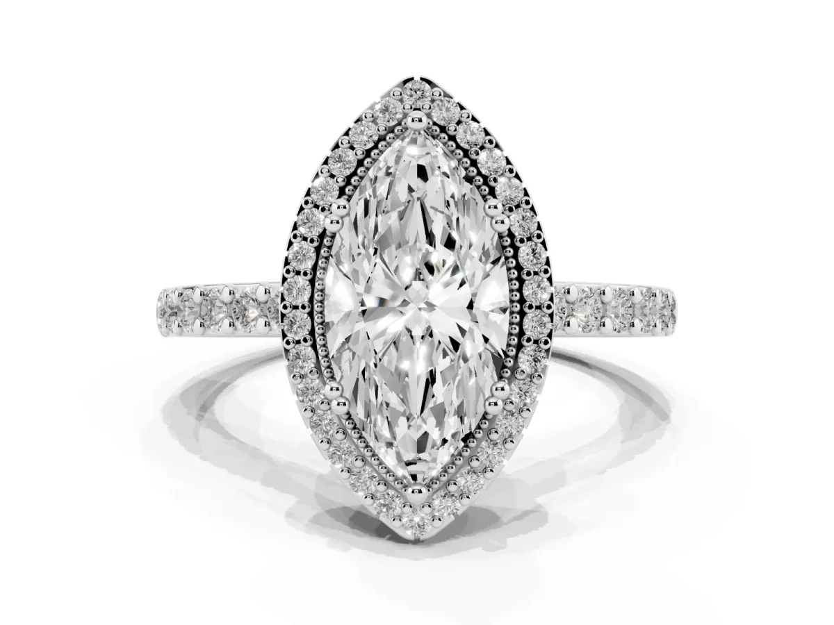 Marquise Cut Cut Diamond Halo Engagement Ring with Milgrain Detail and Pavé Band White gold