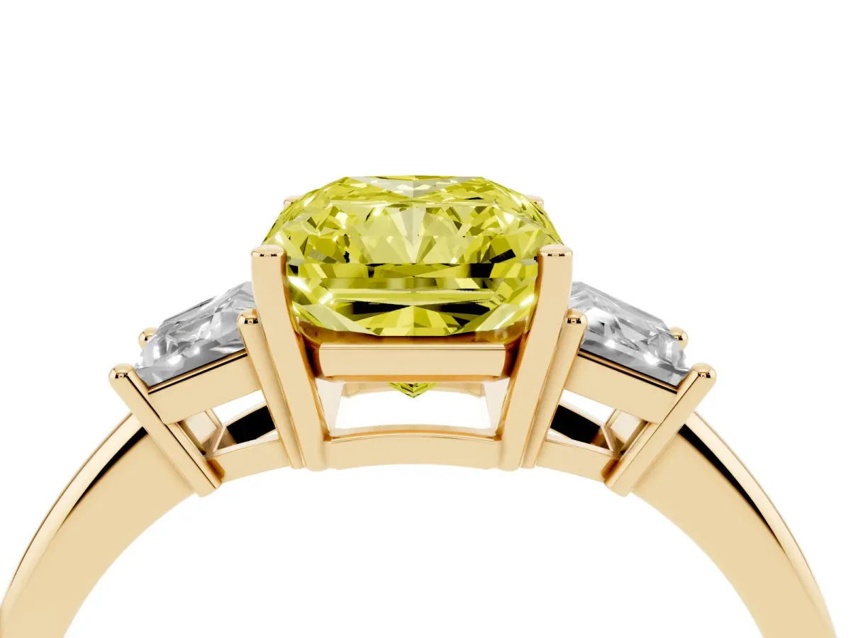 Fancy Yellow Radiant Cut Diamond Three-Stone Ring with Trapezoid Side Stones and Prong Setting Yellow gold