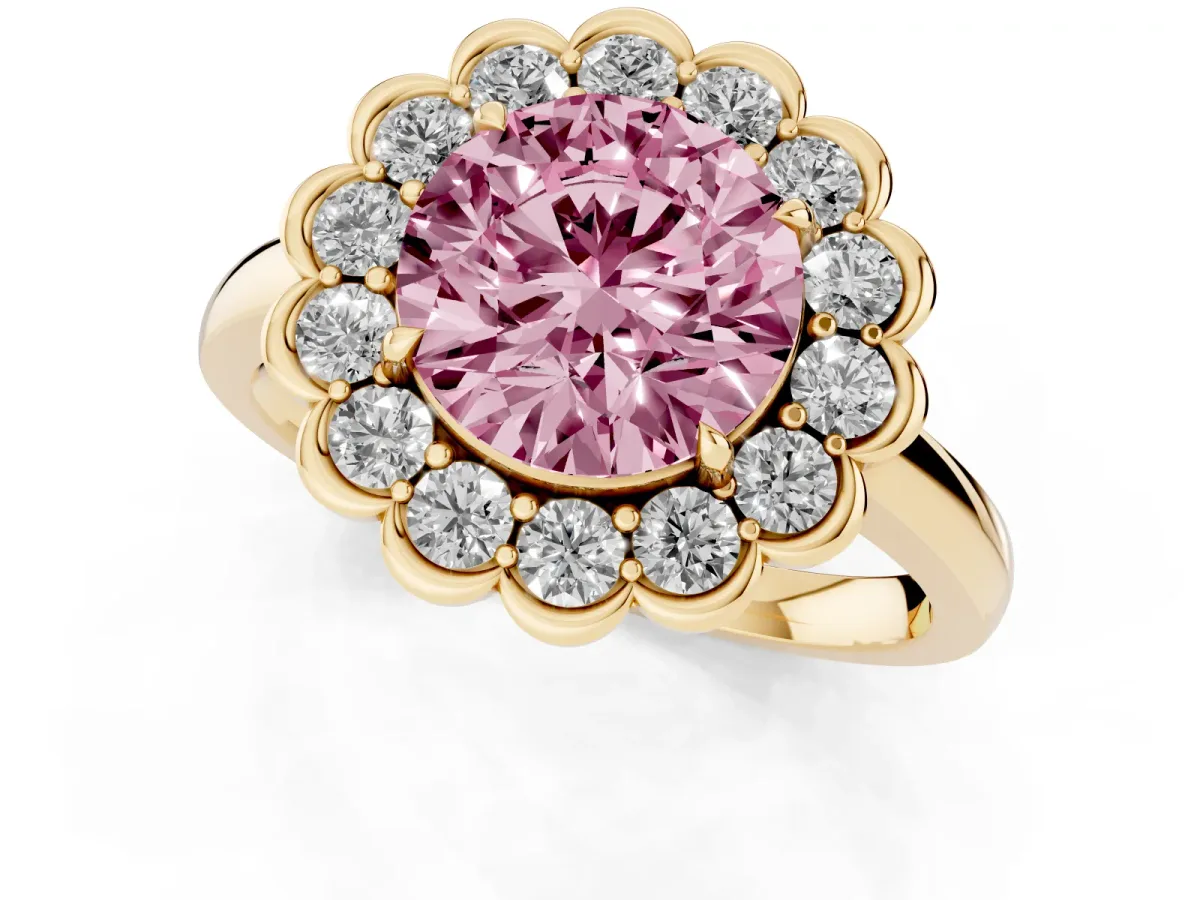 Fancy Pink Round Cut Halo Cluster Diamond Engagement Ring with Solitaire Band and Prong Setting Yellow gold