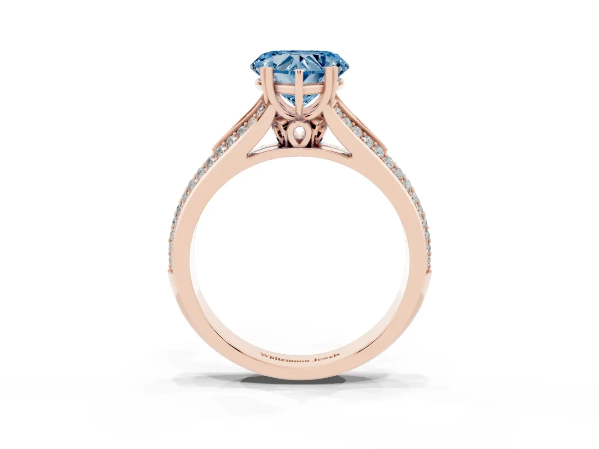 Fancy Blue Heart Cut Diamond Split Shank Engagement Ring with Pavé Band Rose gold