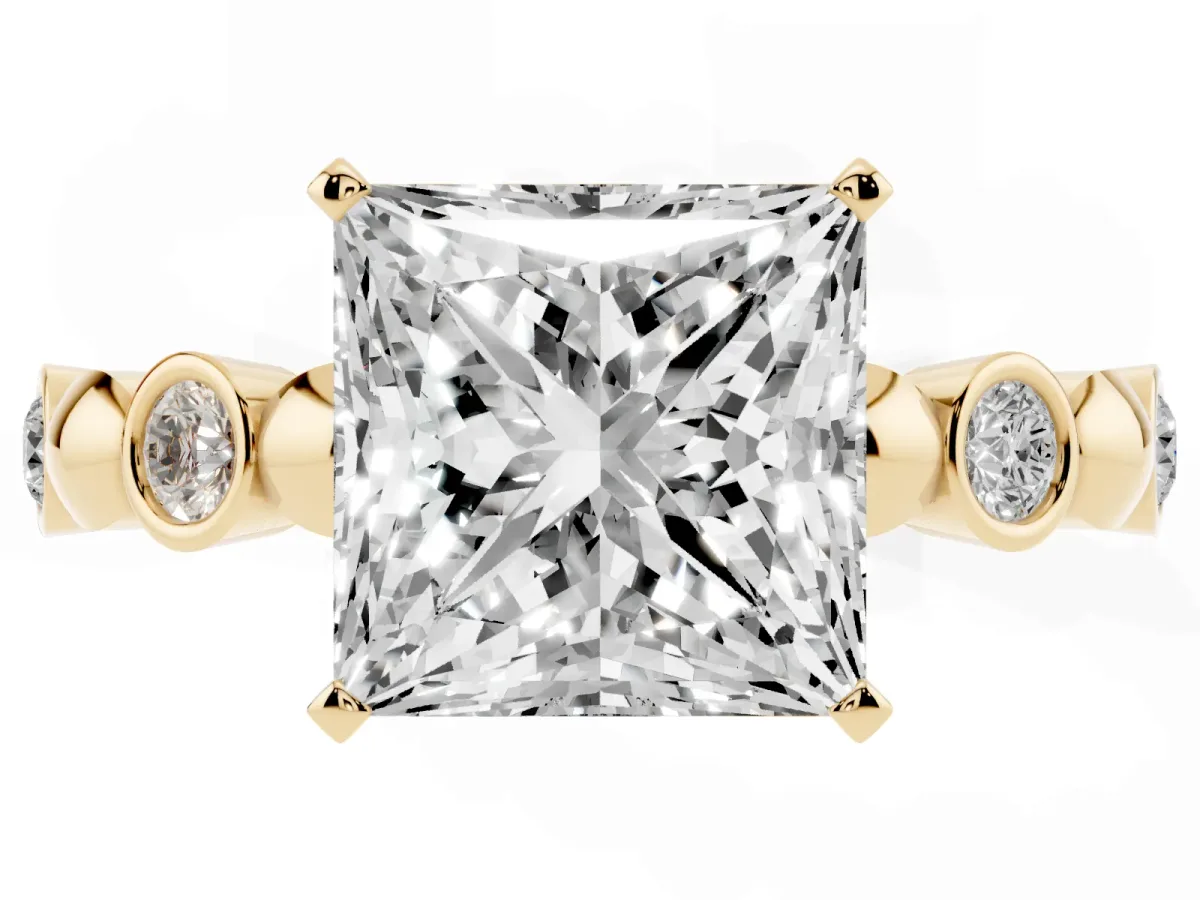 Princess Cut Solitaire Bezel-Set Diamond Ring with Beaded Band and Four-Prong Setting Yellow gold