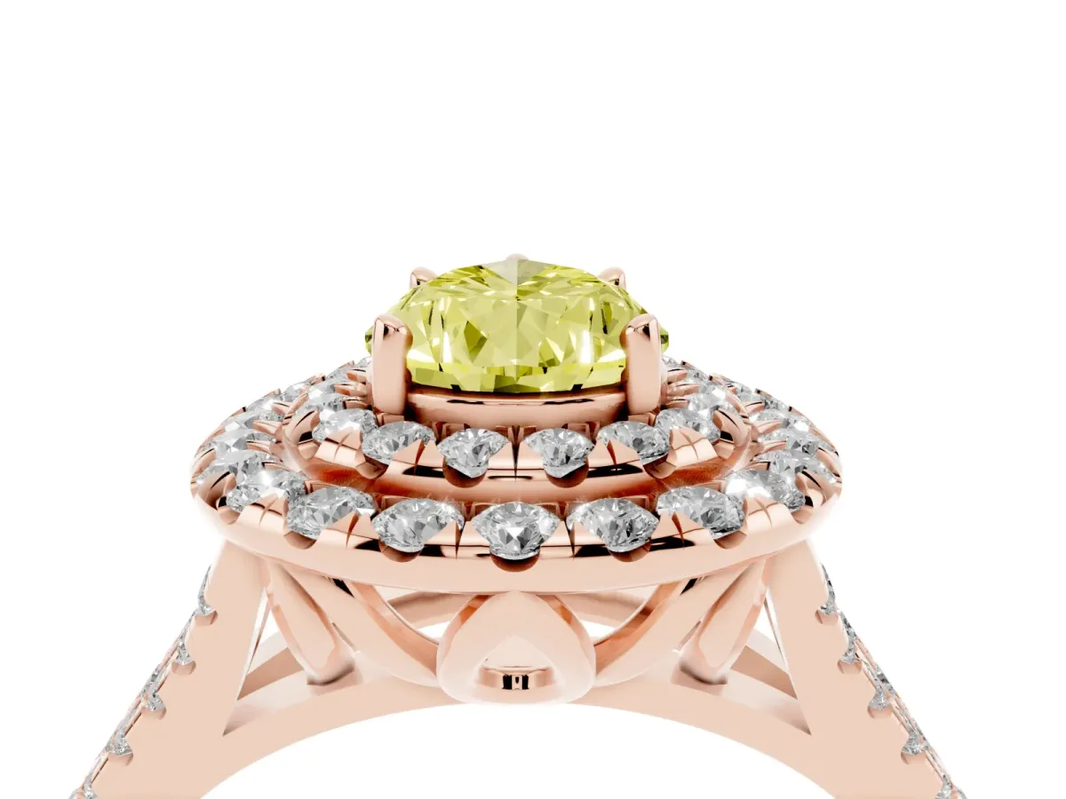 Fancy Yellow Double Halo Pear Cut Diamond Pavé Split Shank Ring with Prong Setting Rose gold