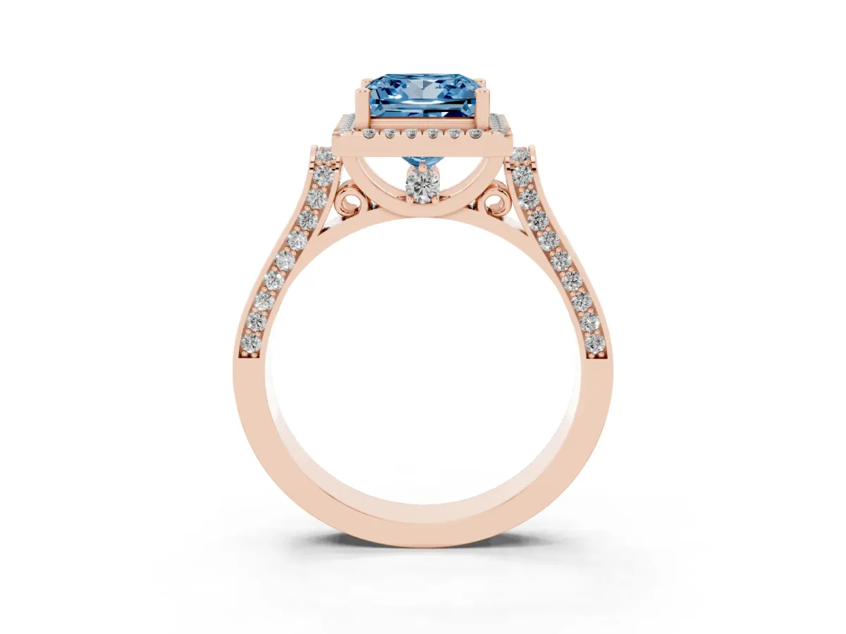 Fancy Blue Princess Cut Halo Round Diamond Twist Band with Four-Prong Setting Rose gold