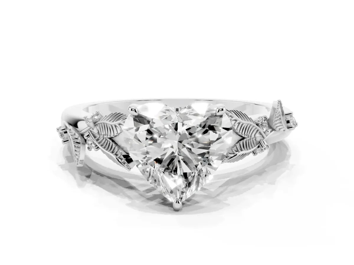 Heart Cut Diamond Solitaire Ring with Leaf Motif Band and Four-Prong Setting Silver