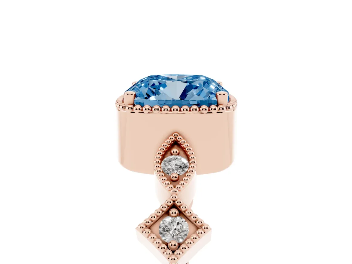 Fancy Blue Cushion Cut Milgrain Marquise Diamond Twist Band Ring Rose gold