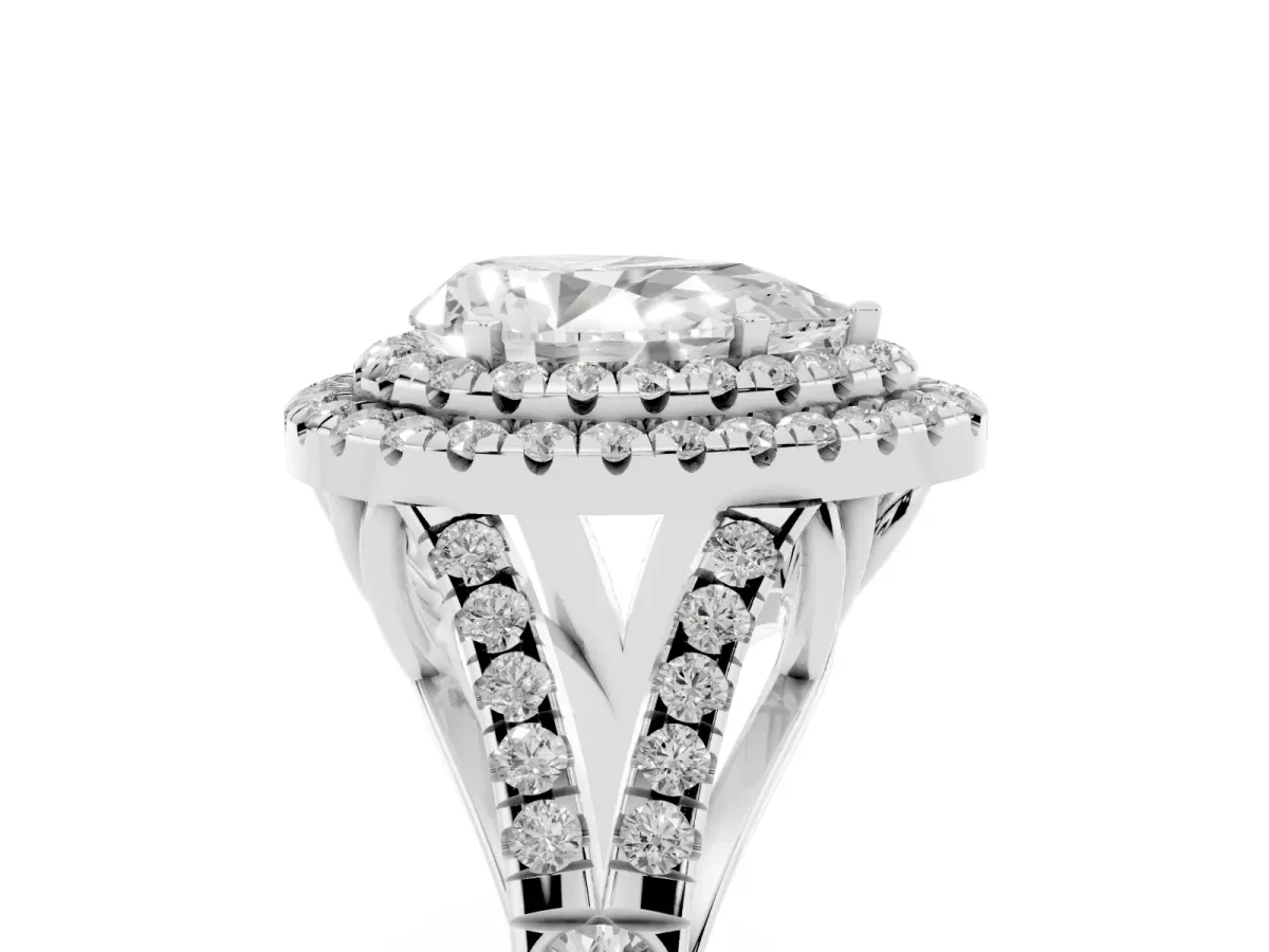 Pear Cut Diamond Pavé Split Shank Double Halo Engagement Ring Silver