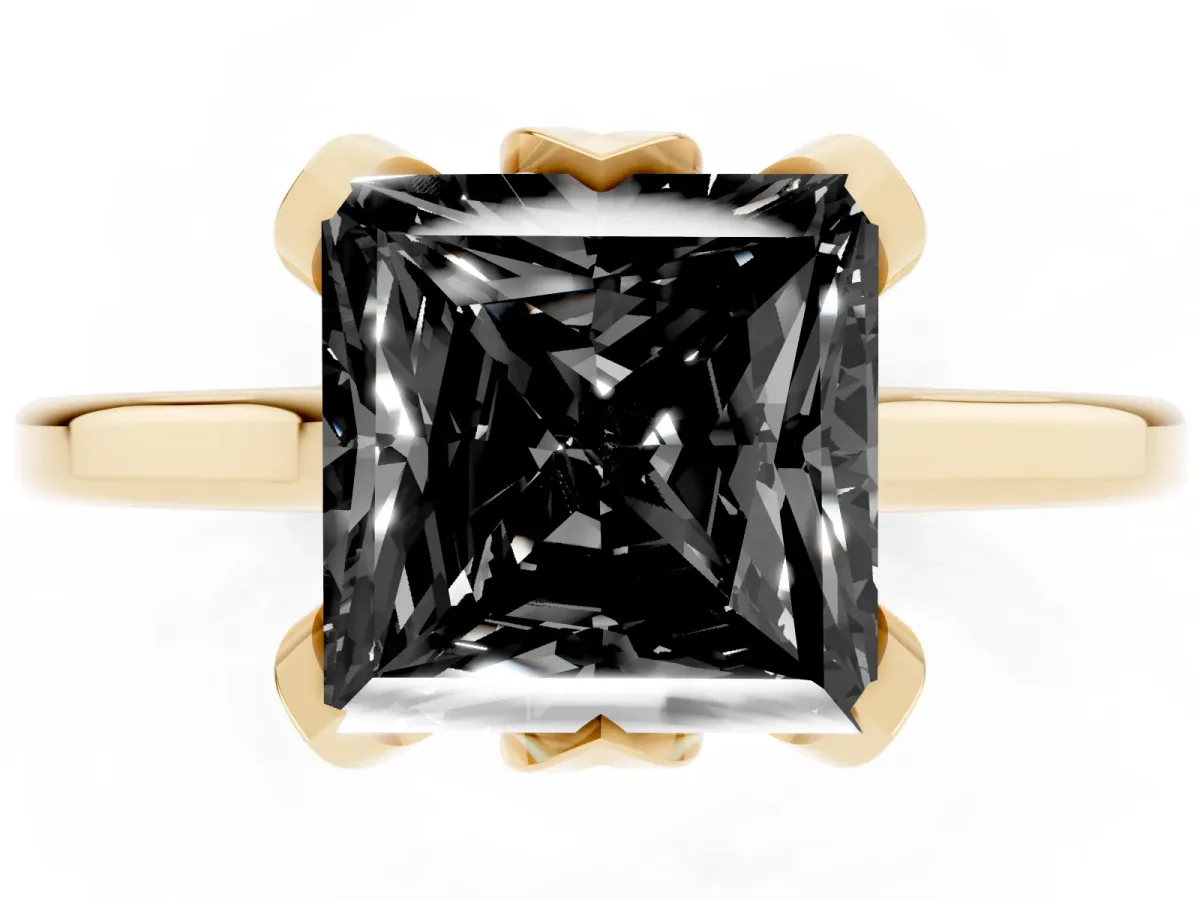 Fancy Black Princess Cut Diamond Solitaire Ring with Flower Prong Setting and Classic Band Yellow gold