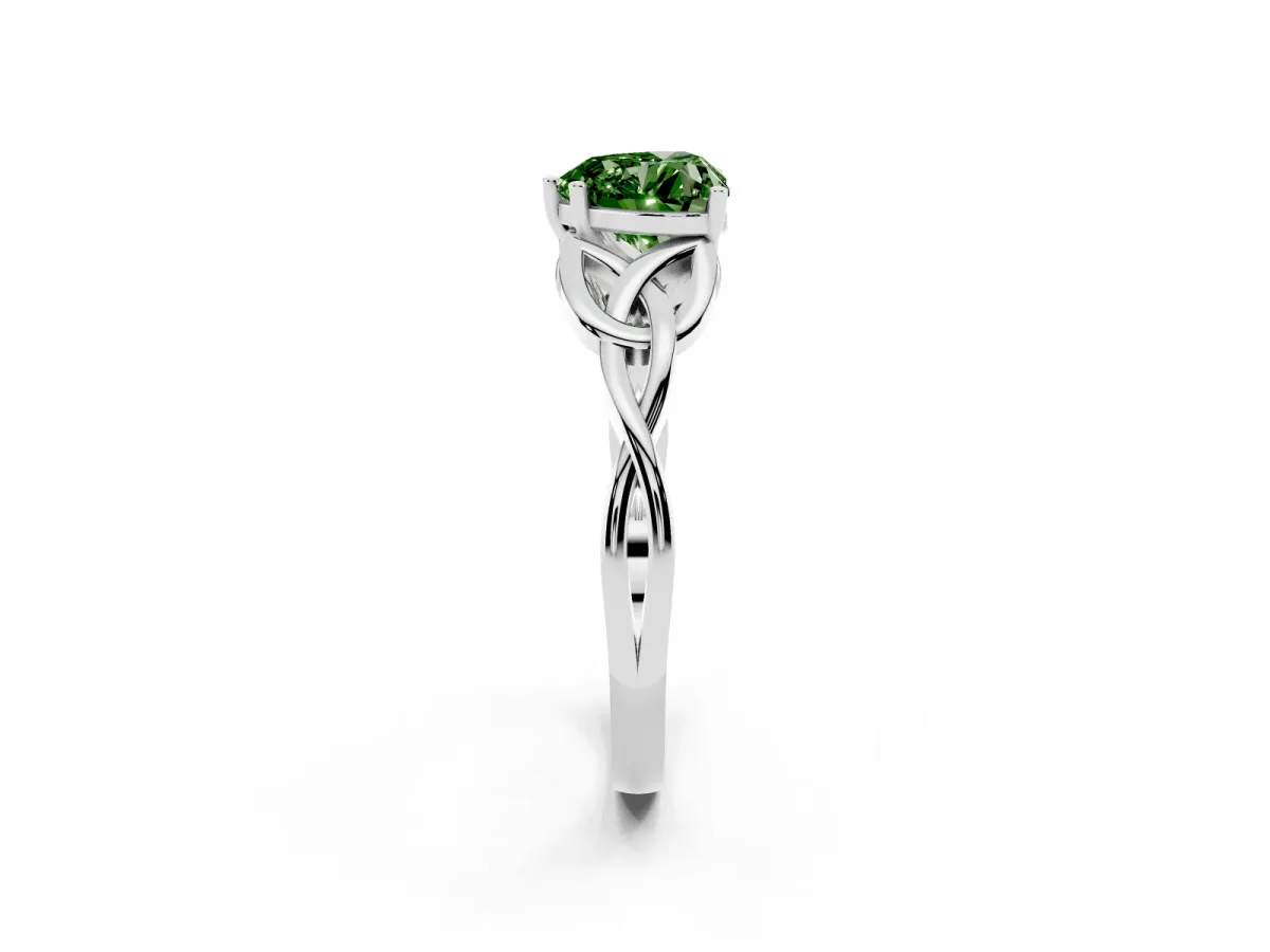 Fancy Green Heart Cut Diamond Solitaire Engagement Ring with Celtic Knot Band and Four-Prong Setting White gold