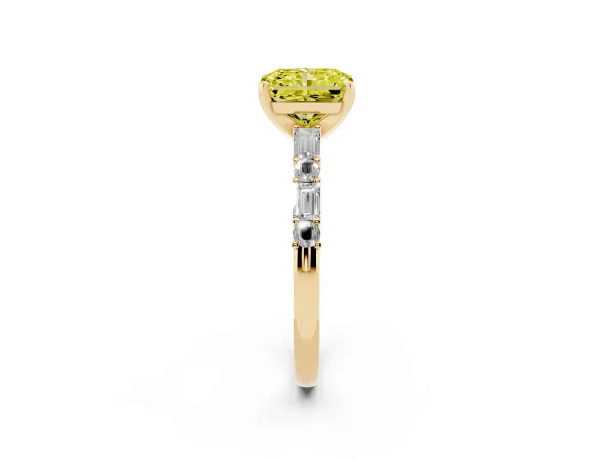 Fancy Yellow Radiant Cut Diamond Solitaire with Side Baguettes and Channel Set Band Yellow gold