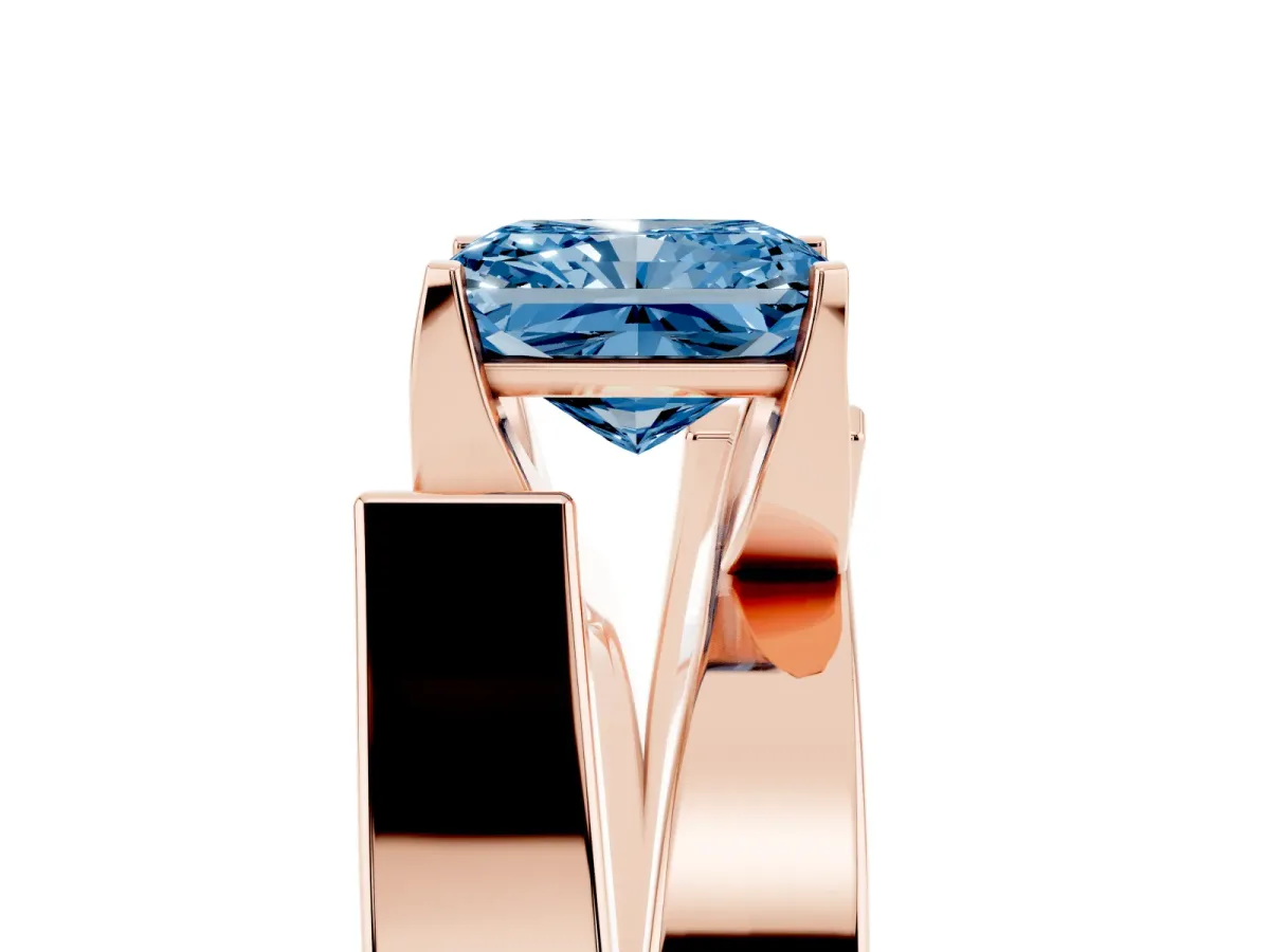 Fancy Blue Modern Tension Set Radiant Cut Diamond Solitaire Wide Band Ring Rose gold