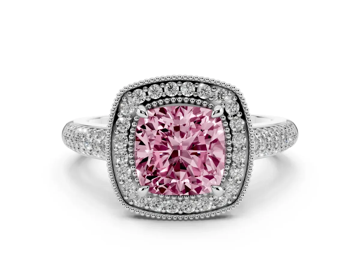 Fancy Pink Cushion Cut Cut Halo Diamond Pave Band with Four-Prong Setting Silver