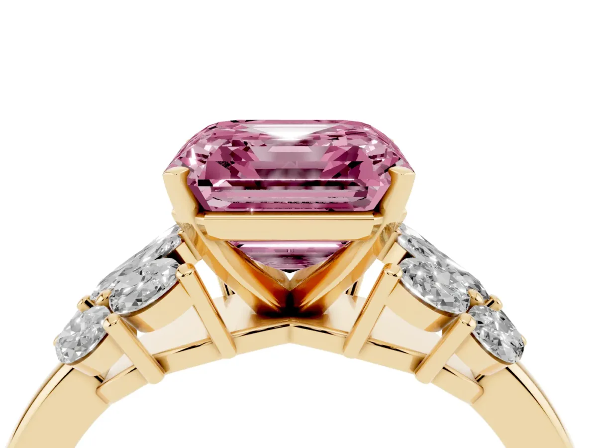 Fancy Pink Asscher Cut Diamond Cluster Leaf Design Ring with Prong Setting Yellow gold