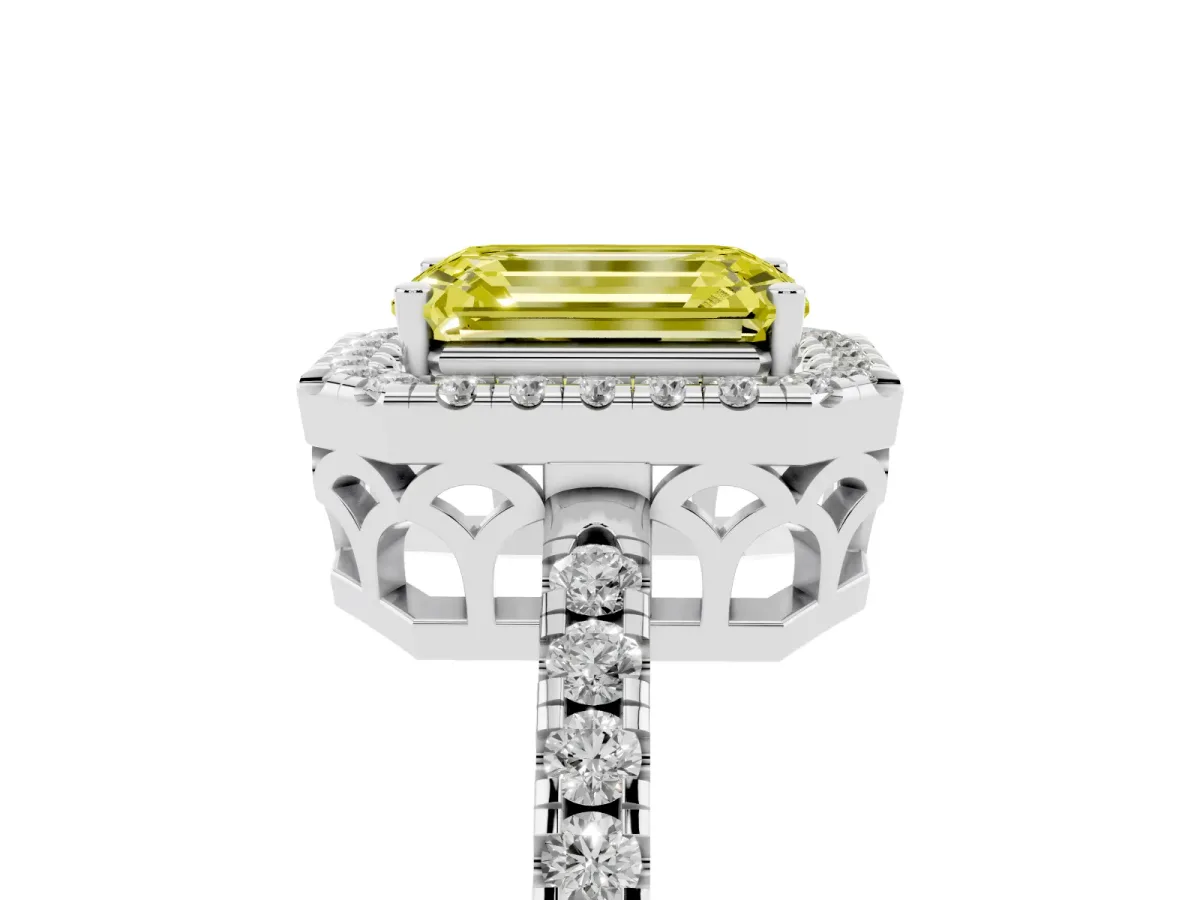 Fancy Yellow Emerald Cut Halo Diamond Engagement Ring with Pavé Band and Four-Prong Setting Silver