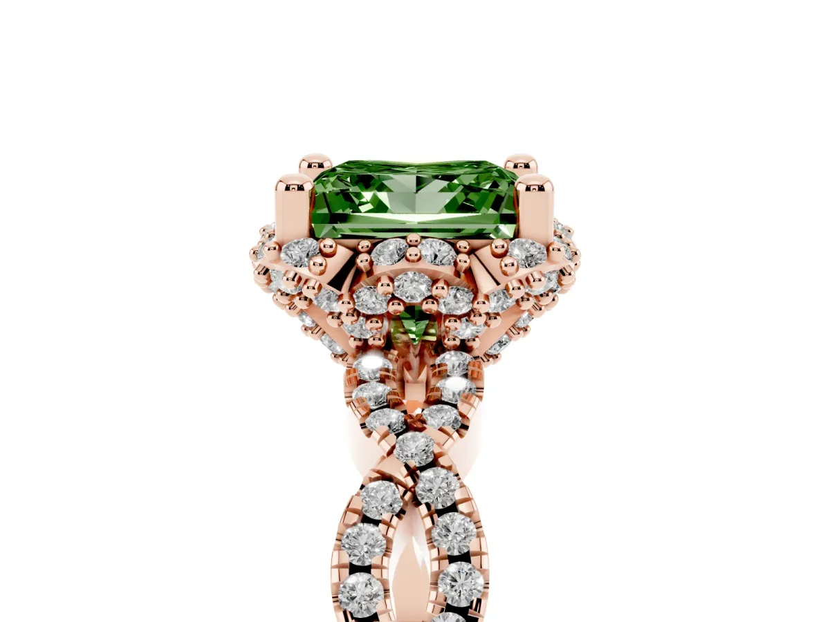 Fancy Green Princess Cut Halo Twist Band Solitaire Ring with Six-Prong Setting Rose gold