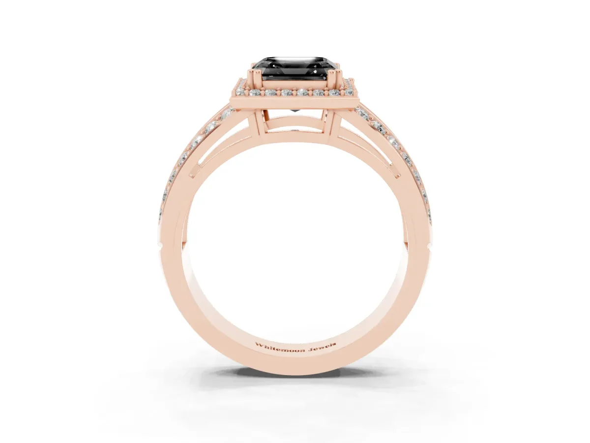 Fancy Black Asscher Cut Diamond Halo Ring with Split Shank Pavé Band and Four-Prong Setting Rose gold