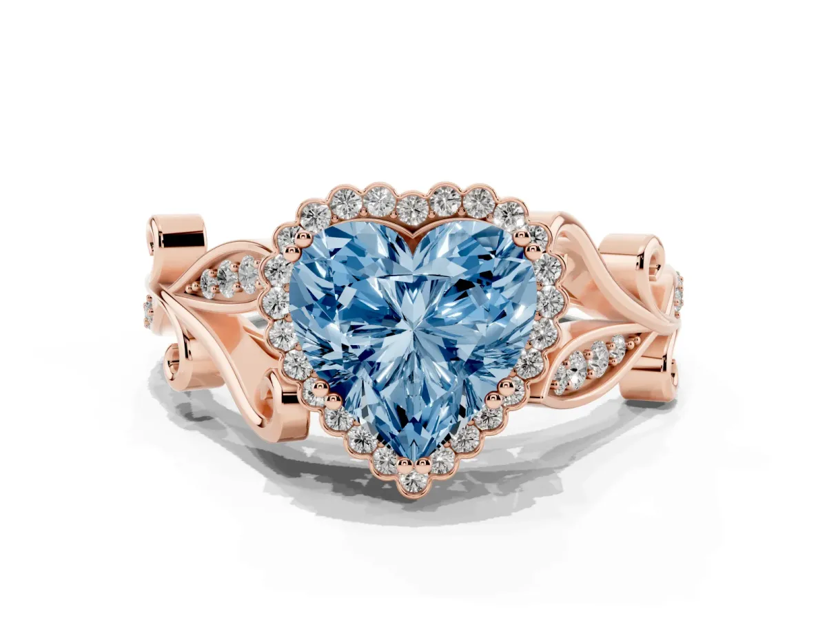 Fancy Blue Heart Cut Diamond Halo Ring with Vintage Split Shank and Four-Prong Setting Rose gold