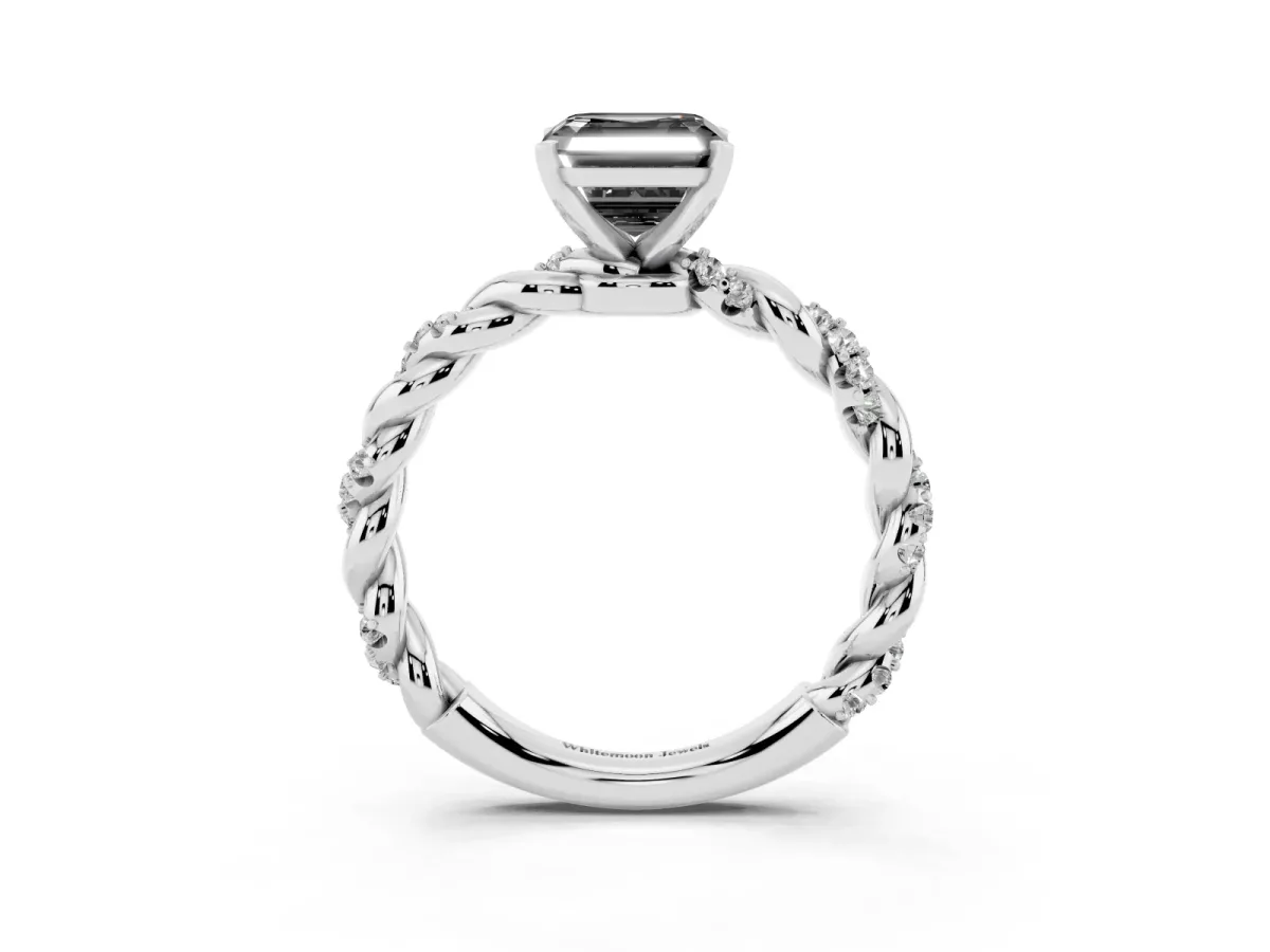 Fancy Black Asscher Cut Diamond Solitaire Ring with Twisted Band and Pavé Accents Silver