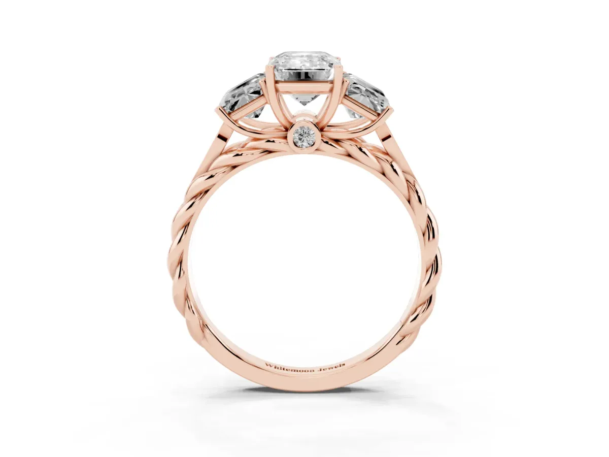 Three-Stone Radiant Cut Diamond Braided Band Ring with Four-Prong Setting Rose gold