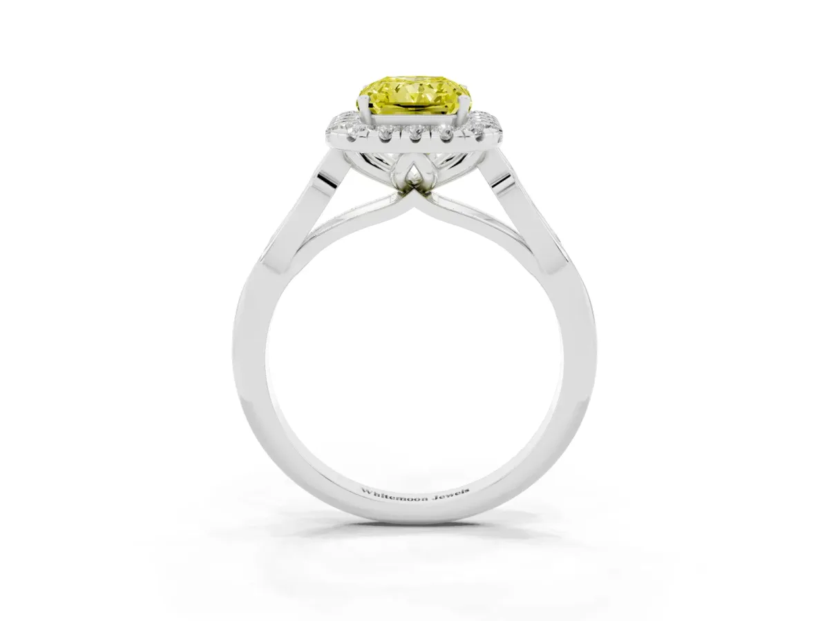 Fancy Yellow Radiant Cut Halo Diamond Engagement Ring with Filigree Band and Four-Prong Setting Platinum